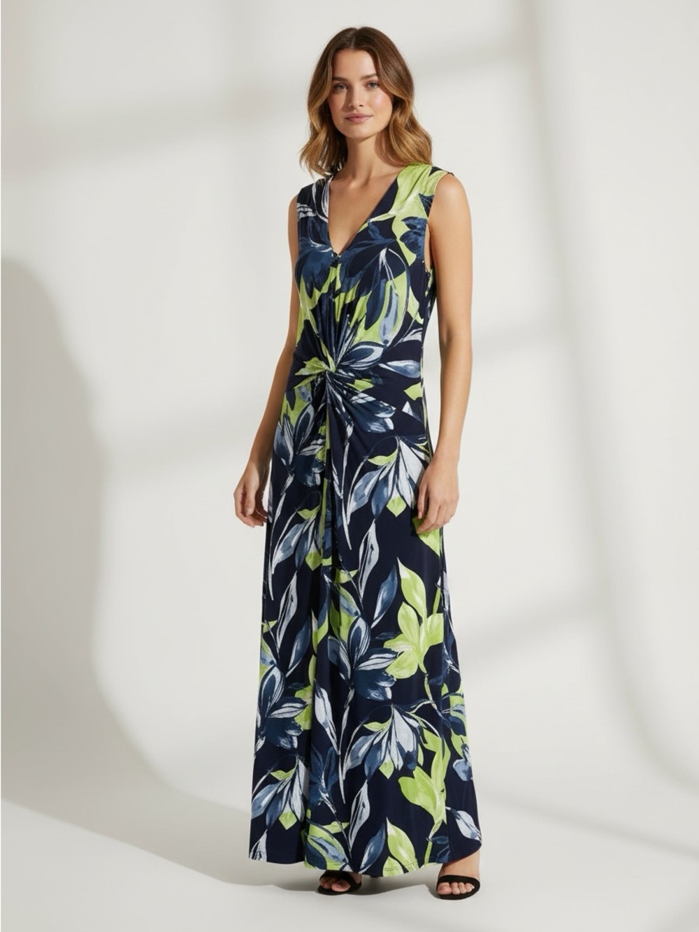 New connected apparel Navy Maxi Dress with Lime & Light Blue Floral 20 W